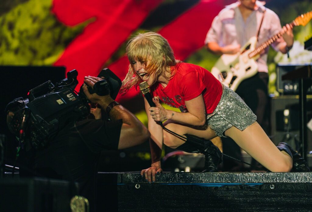 Paramore performing at Hangout Music Festival 2023.