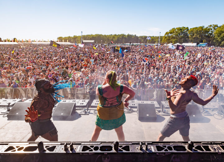 photo of performers from behind with a massive crowd