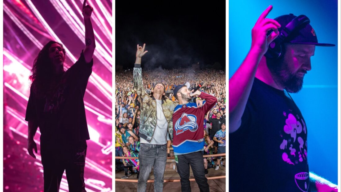 photo of collage of, from left to right, subtronics, zeds dead, and claude vonstroke, all pointing their hands in the sky