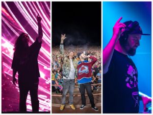 photo of collage of, from left to right, subtronics, zeds dead, and claude vonstroke, all pointing their hands in the sky