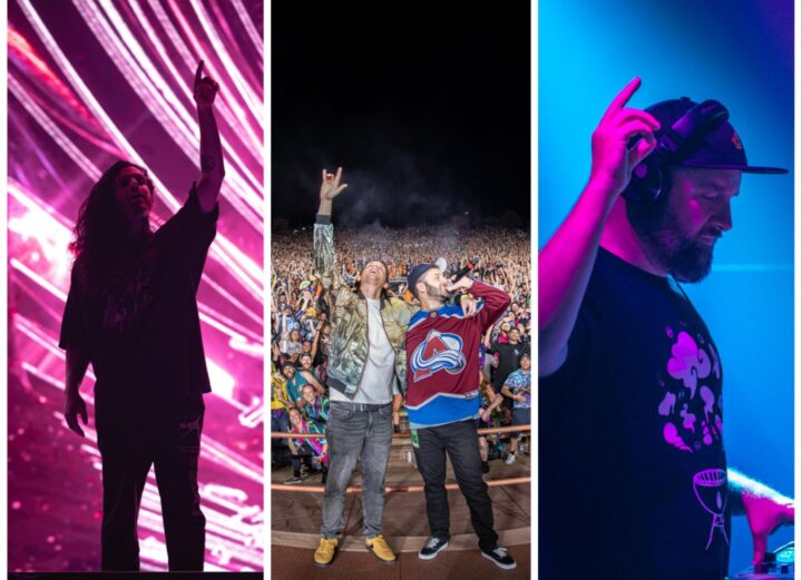 photo of collage of, from left to right, subtronics, zeds dead, and claude vonstroke, all pointing their hands in the sky