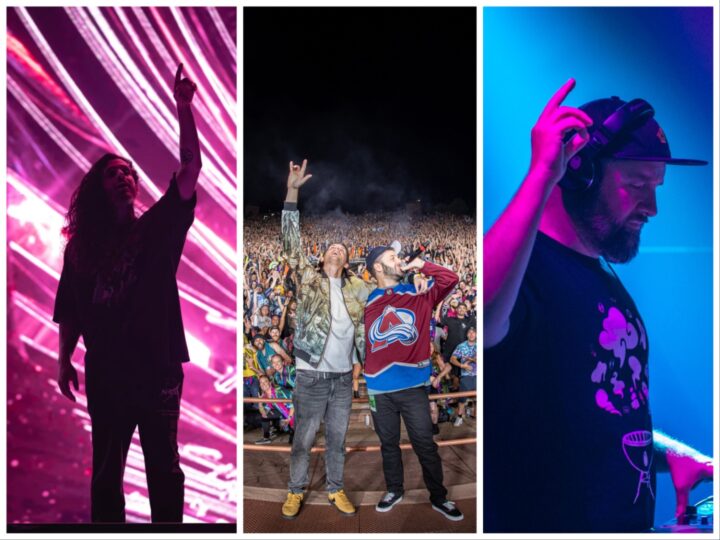 photo of collage of, from left to right, subtronics, zeds dead, and claude vonstroke, all pointing their hands in the sky
