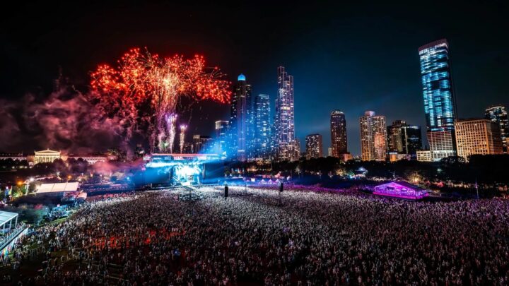 Lollapalooza 2023 main stage at night ft. fireworks and stage lights