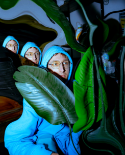 Yheti press shot. Man in blue hoodie peeking over a big plant leaf