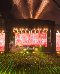 Mind Melt Stage at III Points. Disco ball and fireworks going off behind stage.