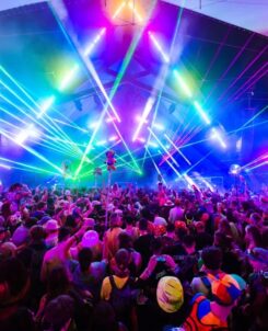 Crowd of people dancing at a music festival under colorful lights.