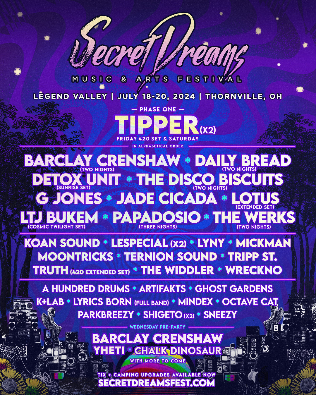 Secret Dreams lineup poster featuring purple background and three tier lineup