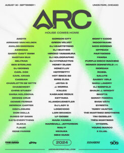 ARC Music Festival poster with green background and artist names listed in 3 columns.
