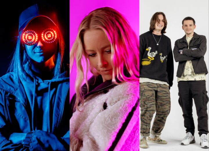 Photo collage of REZZ, Maddy O'Neal, and EAZYBAKED