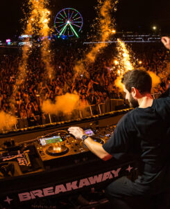 DJ on stage playing in front of a massive crowd at night, with a ferris wheel in the background