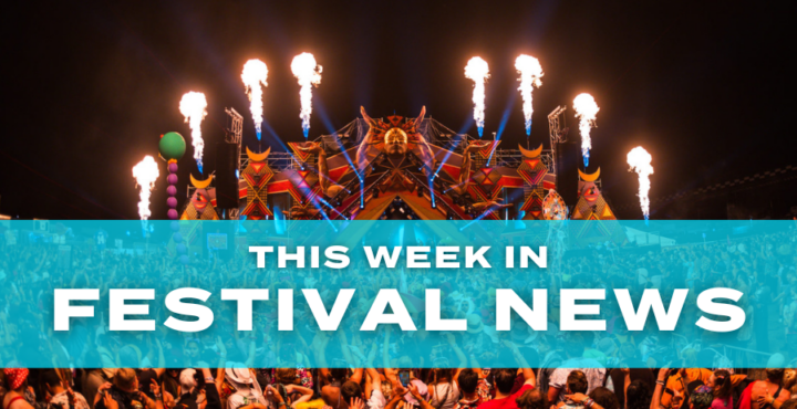 This Week in Festival News graphic featuring a crowd in front of a festival stage