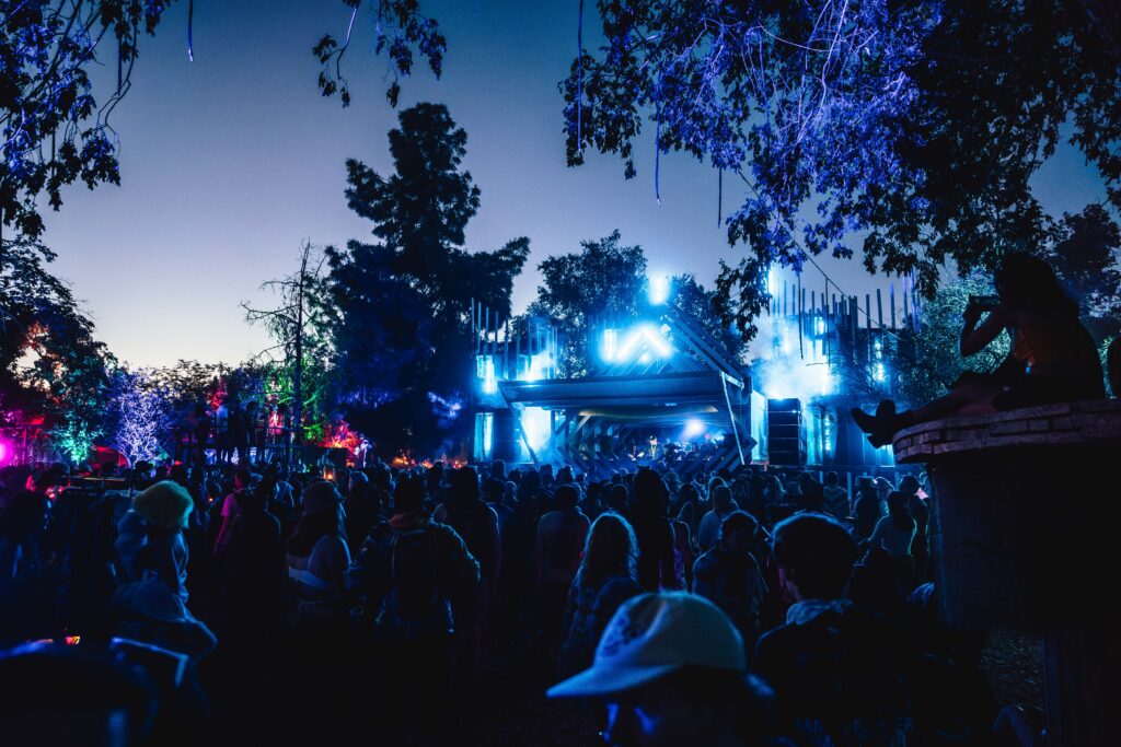 The Stacks stage lit up with blue LED lights at Lightning in a Bottle 2024.