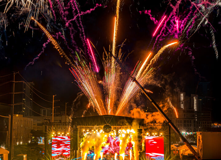 fireworks exploding over stage at III Points Festival in Miami