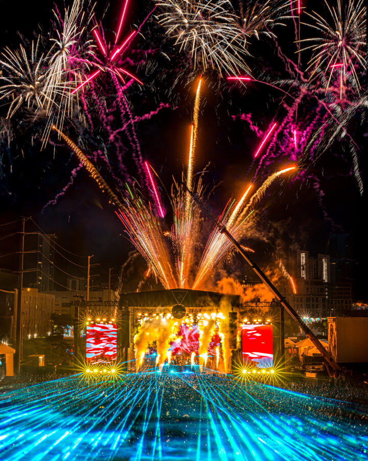 fireworks exploding over stage at III Points Festival in Miami