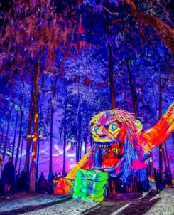 Wooden creature holding a tree at Suwannee's Hulaween