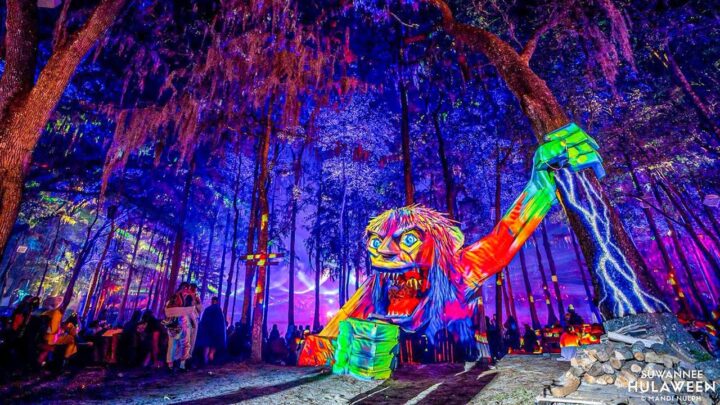 Wooden creature holding a tree at Suwannee's Hulaween