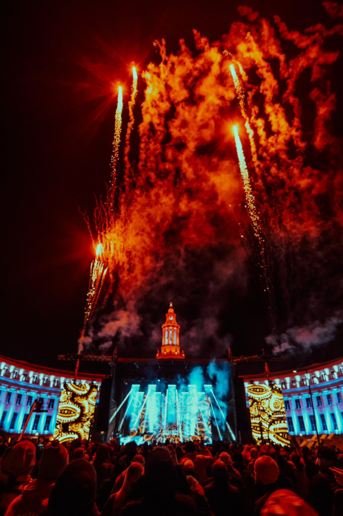 photo of fireworks shooting off the mainstage of Denver's Regenerate Festival