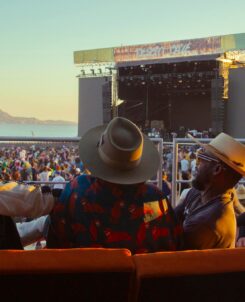 Main stage at Desert Daze with Lake Perris in the background