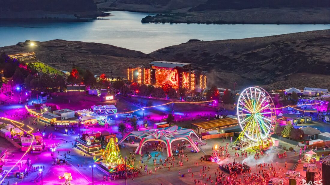 Bass Canyon festival sky view of faris wheel and main stage in the mountains