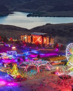 Bass Canyon festival sky view of faris wheel and main stage in the mountains