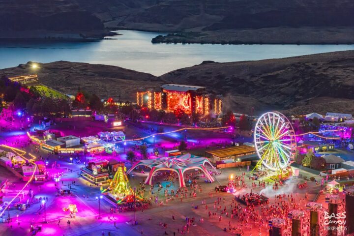 Bass Canyon festival sky view of faris wheel and main stage in the mountains