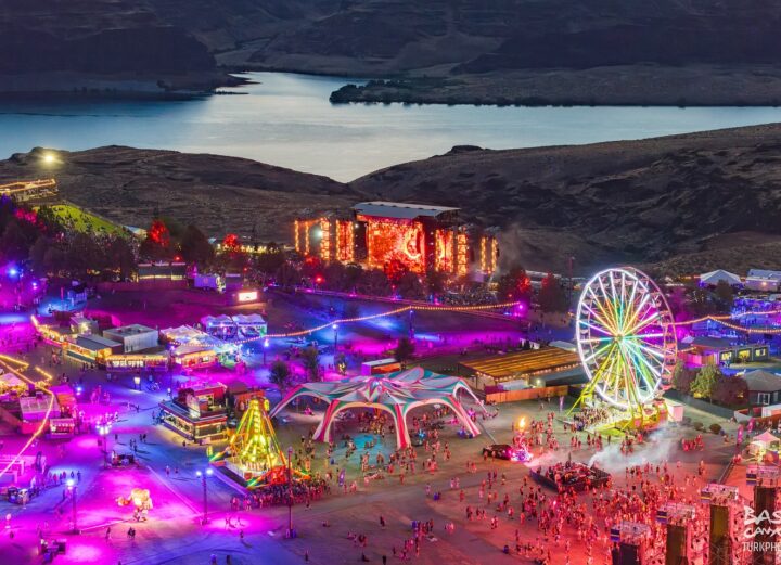 Bass Canyon festival sky view of faris wheel and main stage in the mountains