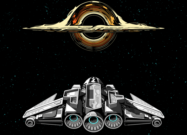 Jade Cicada Frame Shift artwork with a spach ship flying into a black hole, cartoon design.